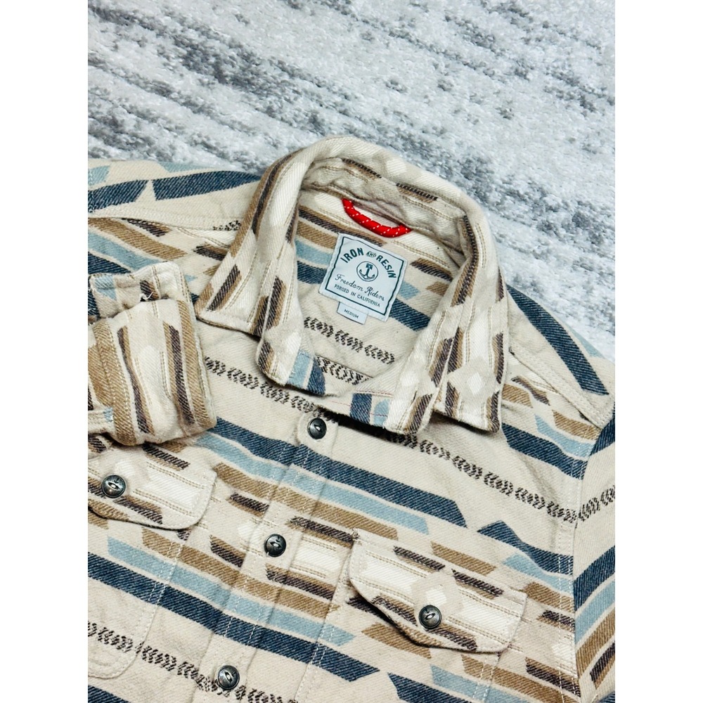 Iron and Resin Flannel Shirt Men Medium Tan Southwestern Aztec Pattern Cotton - Picture 1 of 9